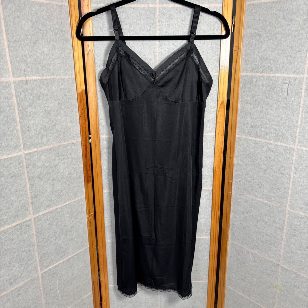 Vintage Nylon Full‎ Slip Lorraine Black Lace Trim Nylon Slip Dress Tall 34 Midi
